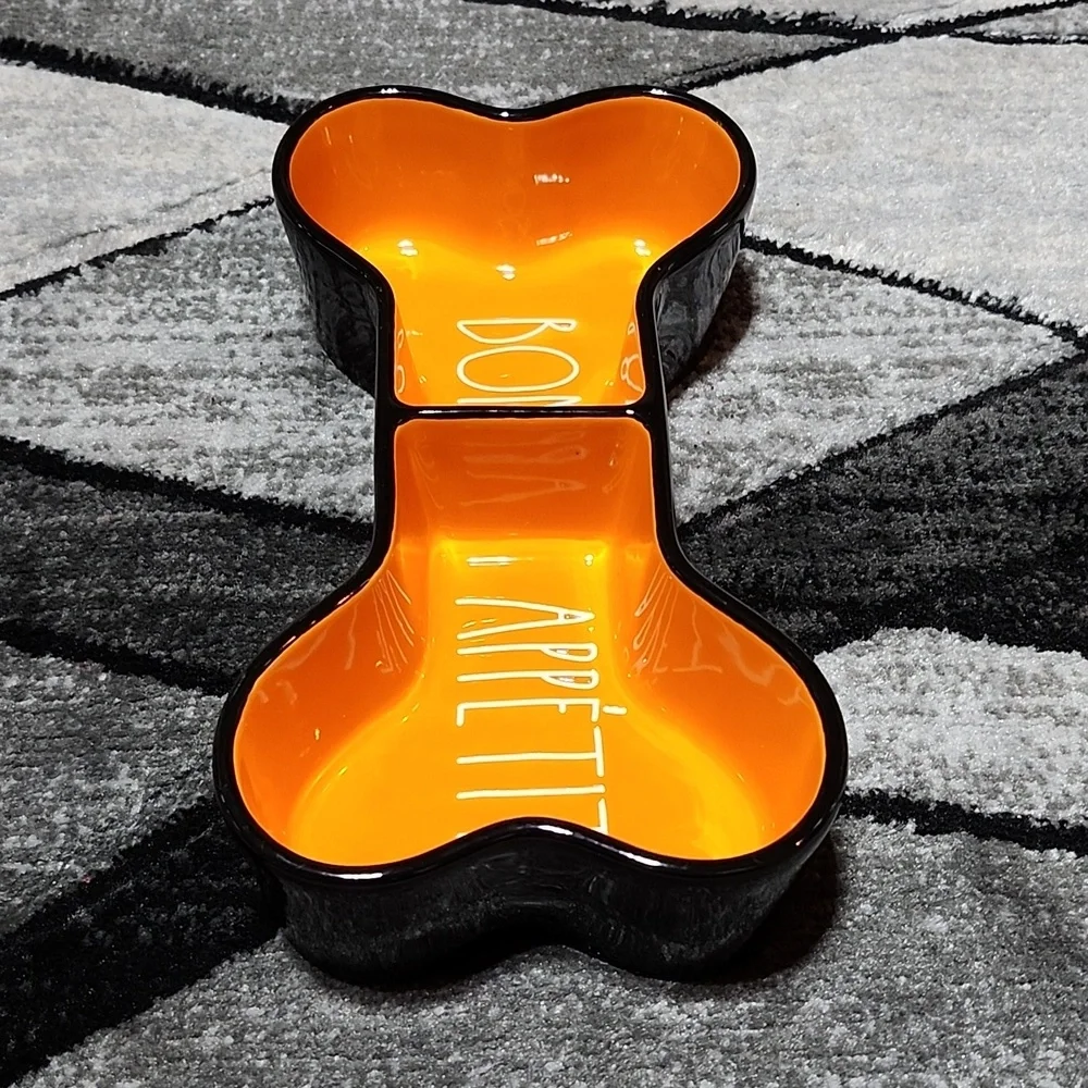 RAE DUNN ARTISAN COLLECTION BONE APPETIT PET BOWL BLACK & ORANGE NWOT
